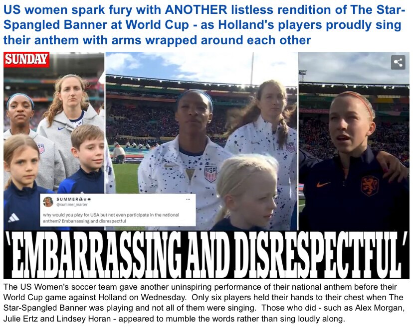 Soccer

Team of Revolting Karens 

https://www.dailymail.co.uk/sport/football/article-12342419/USWNT-lifeless-performance-Star-Spangled-Banner-World-Cup-game-against-Holland.html