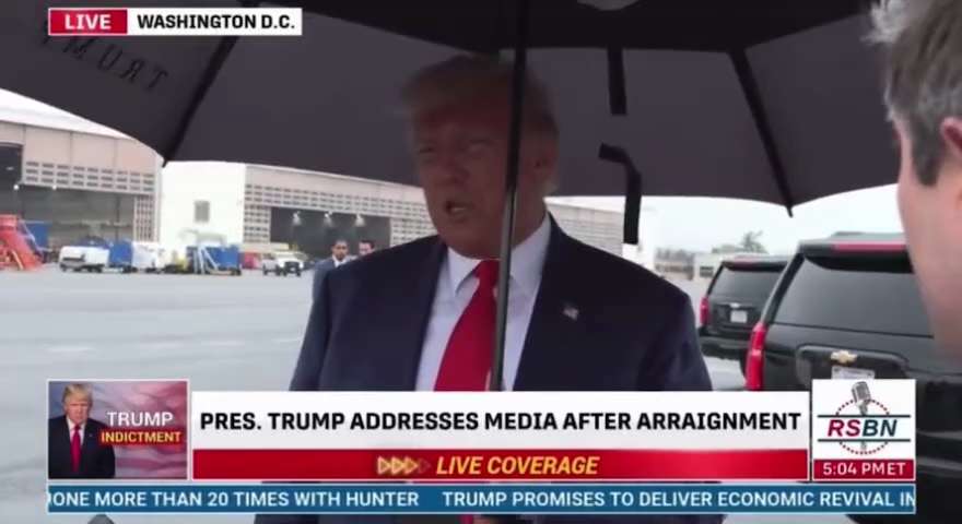 President Trump speaks following his arraignment:

"This is a very sad day for America. This is a persecution of a political opponent. This was never supposed to happen in America. We can't let this happen."