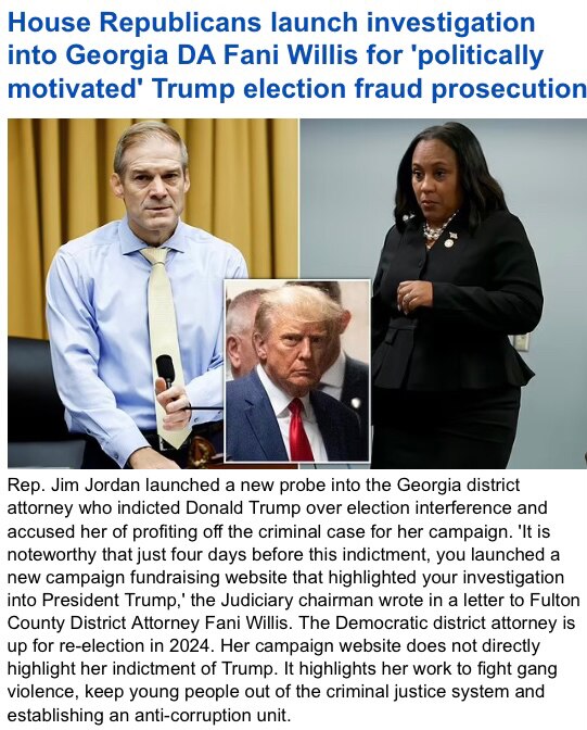 

Launch an Investigation into Kemp and Raffensperger

https://www.dailymail.co.uk/news/article-12441701/House-Republicans-launch-investigation-Georgia-DA-Fani-Willis-politically-motivated-Donald-Trump-election-fraud-prosecution.html