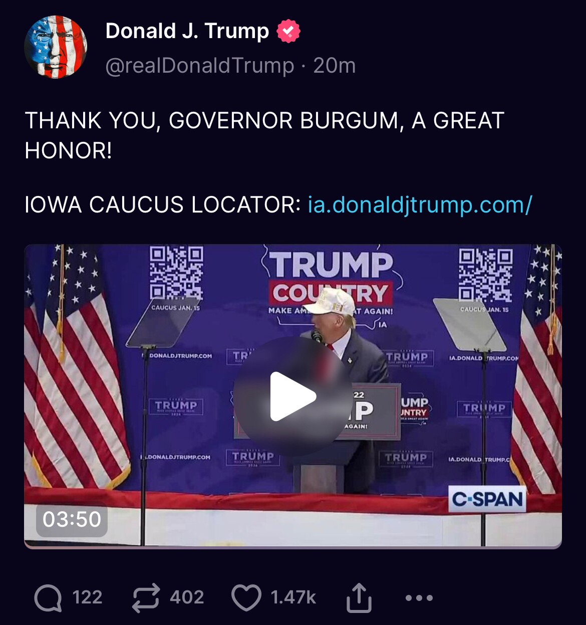 THANK YOU, GOVERNOR BURGUM, A GREAT HONOR!!! 

IOWA CAUCUS LOCATOR: https://ia.donaldjtrump.com/ 

h...