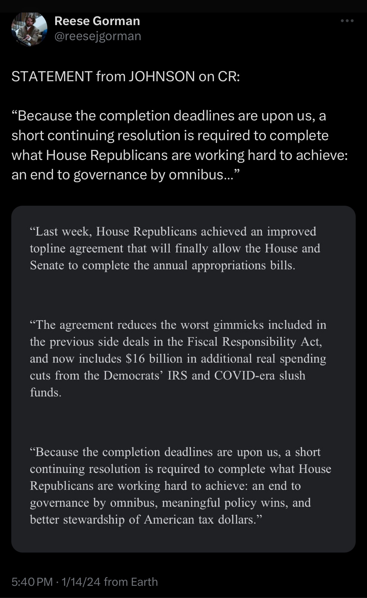3 Weeks Off @ Christmas; Gone for the MLK Weekend; Johnson Committed—No More CRs …Johnson Still Prou...