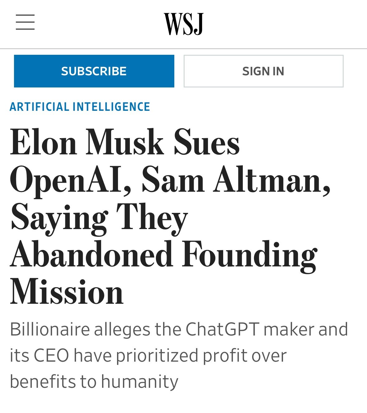 AI WARS

"Musk alleges that with ChatGPT, OpenAI and Microsoft have effectively achieved an early ve...