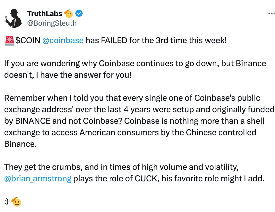 #爆料。 今天 #Truthlab 发了一条爆炸性信息～

过去四年所有的 #Coinbase 的公开地址都是由币安建立并资助的，Coinbase仅仅是币安介入美国资本的“壳”，而币安是由中国控制的。...