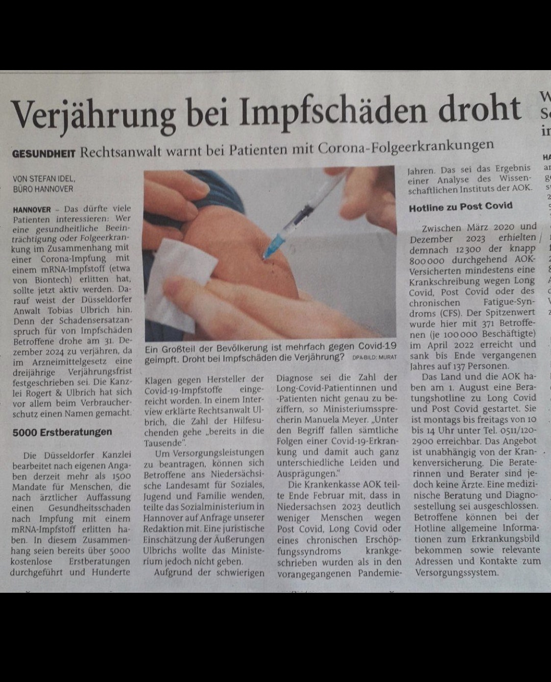 Verjährung bei Impfschäden droht

Das dürfte viele Patienten interessieren: Wer eine gesundheitliche Beeinträchtigung oder Folgeerkrankung im Zusammenhang mit einer Corona-Impfung mit einem mRNA-Impfstoff (etwa von Biontech) erlitten hat, sollte jetzt aktiv werden. Darauf weist der Düsseldorfer Anwalt Tobias Ulbrich hin. 

Der Schadensersatzanspruch für von Impfschaden Betroffene drohe am 31. Dezember 2024 zu verjähren, da im Arzneimittelgesetz eine dreijährige Verjährungsfrist festgeschrieben sei.

https://t.me/DieMenschheitErwacht
