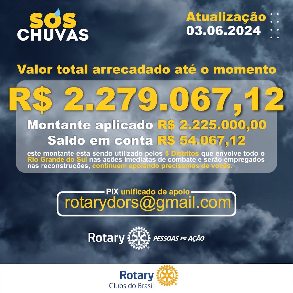 SOS - RS

Valores referentes ao Pix Unificado: rotarydors@gmail.com

O RS segue precisando da nossa ...