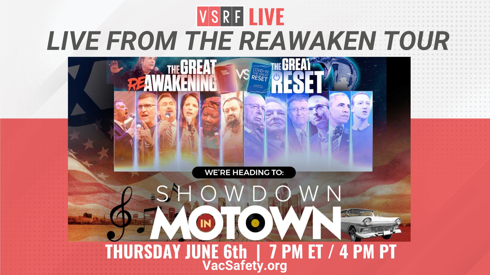 On this week’s VSRF Live, VSRF will be hosting live from the #ReAwakenTour in Detroit, MI., as we bring VSRF’s critical and lifesaving message to a gathering of thousands rallying to save America from the many destructive forces preying upon it today.

We will be interviewing @DrSimoneGold, and other notable speakers, about the current state of affairs in the medical freedom movement. From a suspicious H5N1 outbreak which has infected several humans in the USA, to the W.H.O.’s late night, back alley attempts to close the Pandemic Accords without proper form, support or transparency, to new mRNA vaccines with ZERO human trials and so much more! 

https://rumble.com/c/VaccineSafetyResearchFoundation
