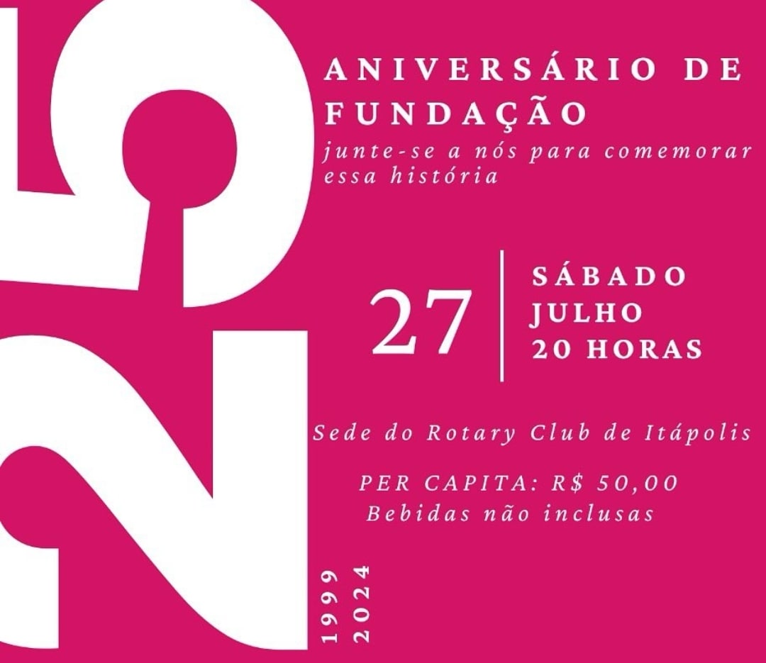Jantar Comemorativo dos 25 anos do Rotaract Club de Itápolis!
Data: 27 de julho de 2024
Horário: 20h...
