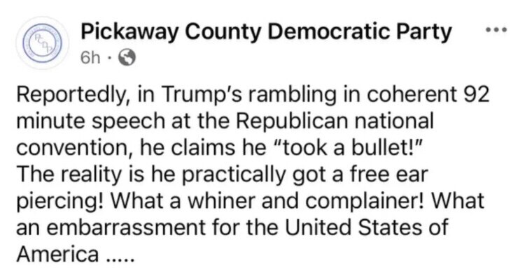 The Pickaway County Democratic Party in OH just deleted this post. 

Would be a shame if it went vir...