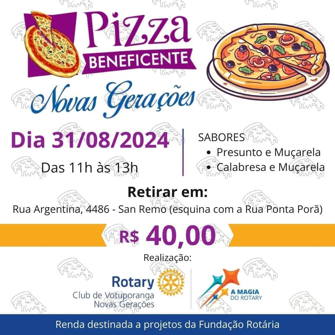 Texto do Rotary Club de Votuporanga - Novas Gerações:

Reserve a sua pizza pelo 99715- 7808 ou no po...