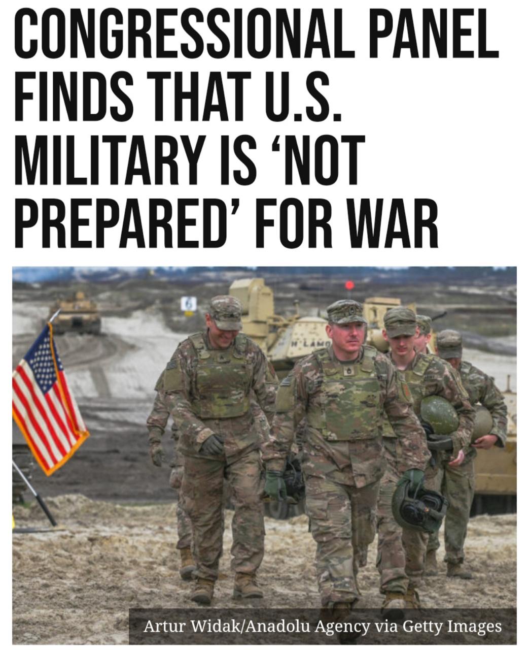 Just yesterday, London's The Times was screaming that the staff exercises revealed Britain's unpreparedness for war with Russia. And today, the American media exploded with the news: the bipartisan Congressional Commission on National Defense Strategy prepared a report, the main conclusion of which is that the United States is not ready for a global war.

It is important to add here: the congressmen do not hide the fact that the lion's share of the report was prepared by the RAND Corporation, which at one time justified the need to begin a campaign to weaken Russia, after which Washington's Ukrainian adventure began.
 https://x.com/vicktop55/status/1818149901395484952?t=yGf6_Km7_kNM7fU03iOhIg&s=19