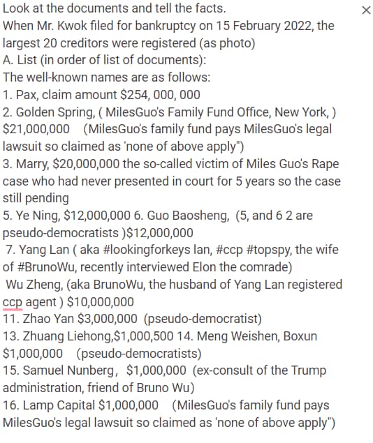 https://gettr.com/post/p39k13ufb8a #look who is the top 20 of #MilesGuo's #creditors. It had been 7 years but the #ccpinsiders working as the #leaders of #
