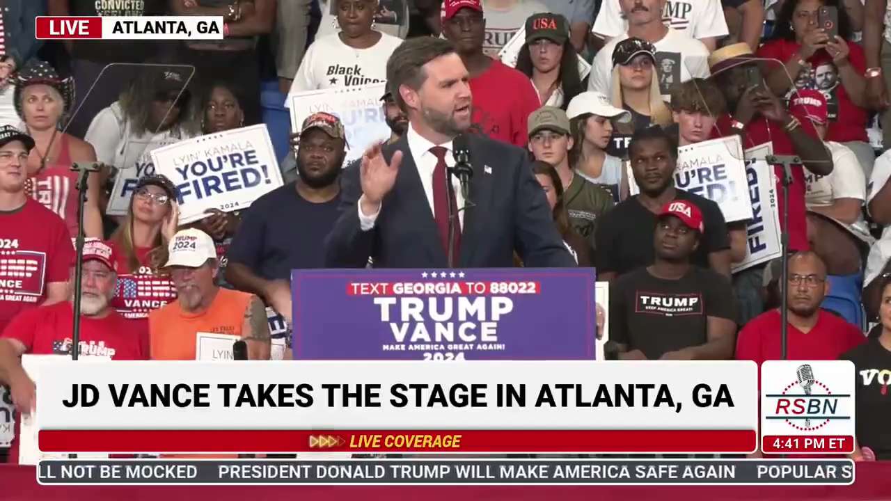 “Kamala Harris is NOT getting a promotion to the Presidency of the United States.” — Sen. JD Vance in Atlanta, GA

WATCH LIVE:  https://www.rsbnetwork.com/video/live-president-trump-and-jd-vance-hold-a-rally-in-atlanta-8-3-24/
