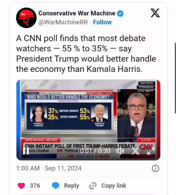 WiseEnough on GETTR : A CNN poll finds that most debate watchers — 55 % to 35% — say President Trump would better handle the economy than Kamala Harris. &#...