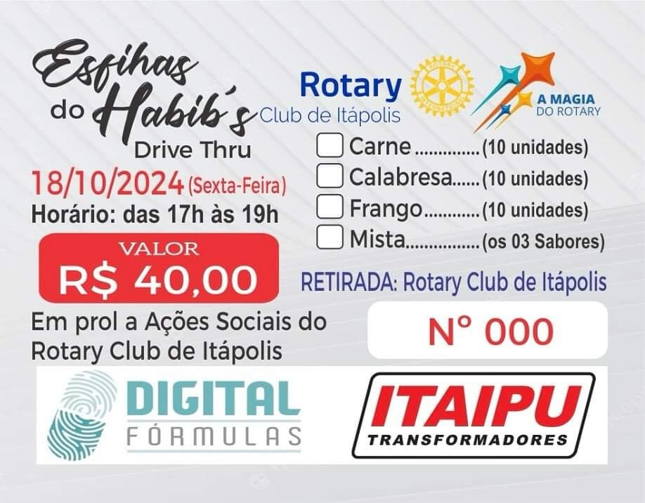No dia 18/10/24 (sexta-feira), o Rotary Club de Itápolis venderá esfihas do Habib’s, das 17h às 19h,...