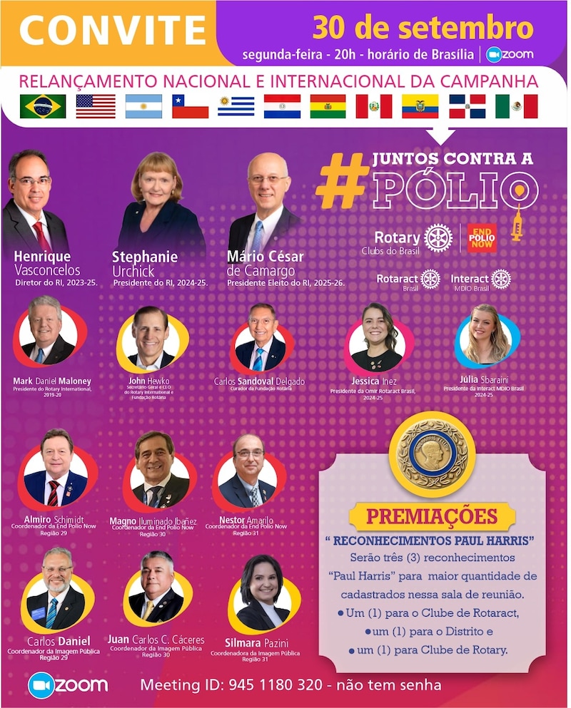 SEGUNDA-FEIRA DIA 30/09 às 20h acontecerá a reunião virtual com autoridades rotárias, falando sobre ...