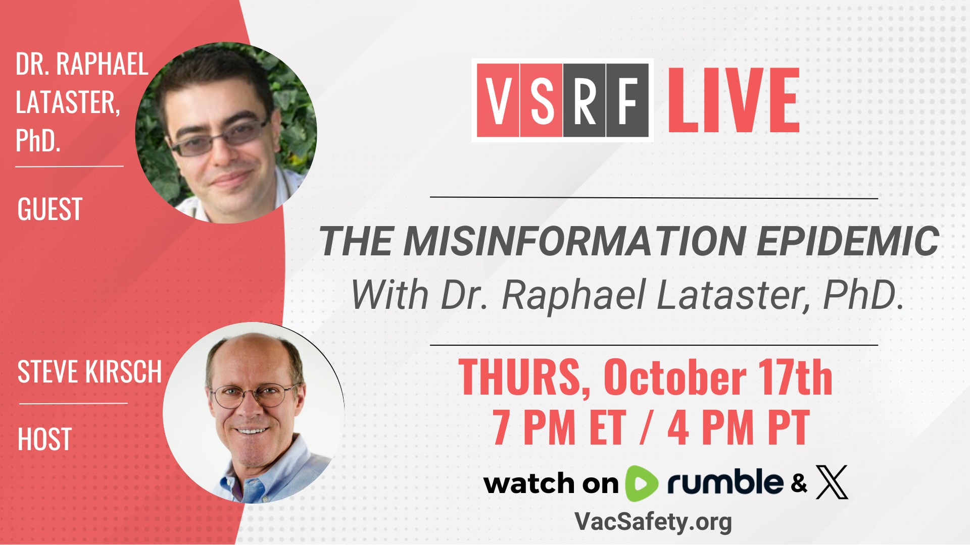 This week on VSRF LIVE Steve sits down with @OkayThenNews Dr. Raphael Lataster, PhD., of the University of Sydney. Dr. Lataster will be discussing with us his research interests which include #misinformation, #disinformation, and #fakenews, in Health and Politics.

Raphael has a Bachelor of Pharmacy, a Masters of Applied Finance, and several postgraduate research degrees in the Arts. Initially focusing his academic efforts around misinformation in Religion, he has shifted focus to misinformation in Politics and Health, particularly around COVID-19. 

Join us for another fascinating discussion with a brave freedom fighter on the front lines of the battle for free speech!

https://rumble.com/c/VaccineSafetyResearchFoundation
