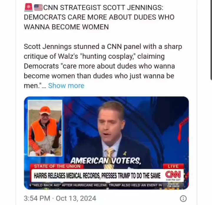 WiseEnough on GETTR : This guy will soon be let go fromm CNN

#CNN Panel is Left Stunned as #ScottJennings Roasts the Harris-Walz Campaign and Make...