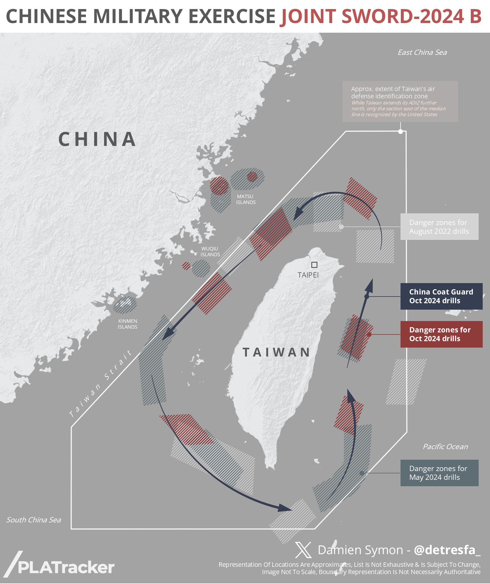 解放军 宣布在 台湾周边开始“联合利剑-2024B”演习，东部战区数百架飞机和舰艇参与其中。
此次演习是 5 月 23 日至 24 日举行的“联合利剑-2024A”演习的延续。

The #PLA has announced the beginning of Exercise “Joint Sword-2024B” around #Taiwan, involving hundreds of aircraft and ships from the Eastern Theatre Command. 

The Exercise is a continuation of Exercise “Joint Sword-2024A” which took place on May 23-24.



