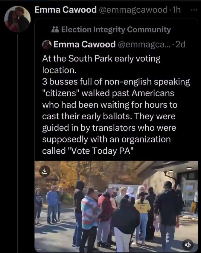 At the South Park early voting location. 3 busses full of non-english speaking "citizens" walked pas...