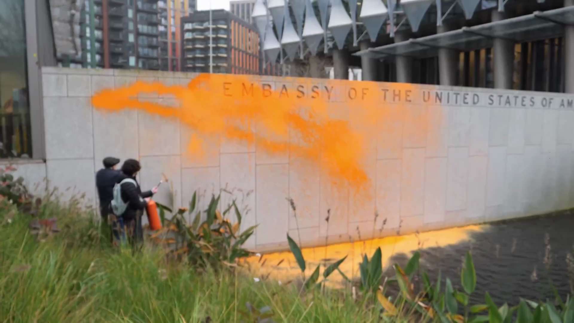 Climate radicals attack the U.S. embassy in London with orange paint in response to the election res...