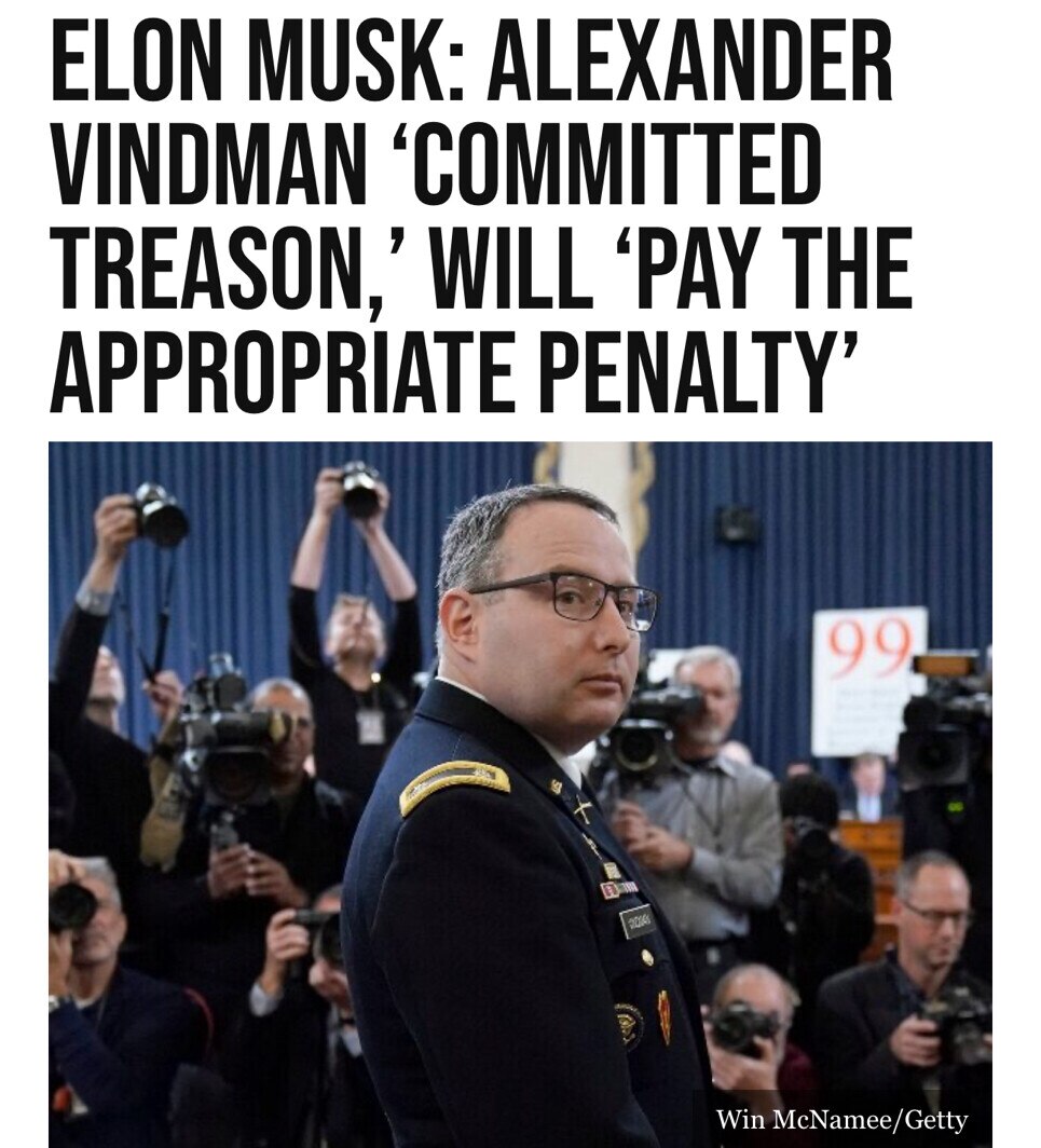 Compliments from BreitbartNews@Truth

Elon Musk said retired Lt. Col. Alexander Vindman “has committ...