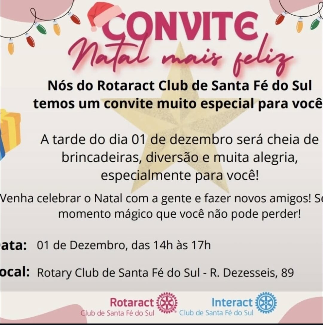 Na tarde hoje, dia 01 de dezembro de 2024, foi realizado pelo INTERACT e ROTARACT Clubs de Santa Fé ...
