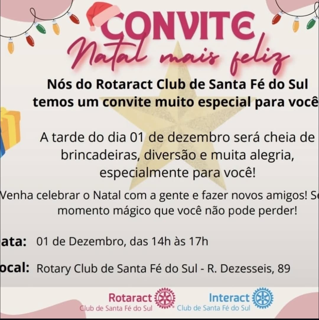 Na tarde hoje, dia 01 de dezembro de 2024, foi realizado pelo INTERACT e ROTARACT Clubs de Santa Fé ...