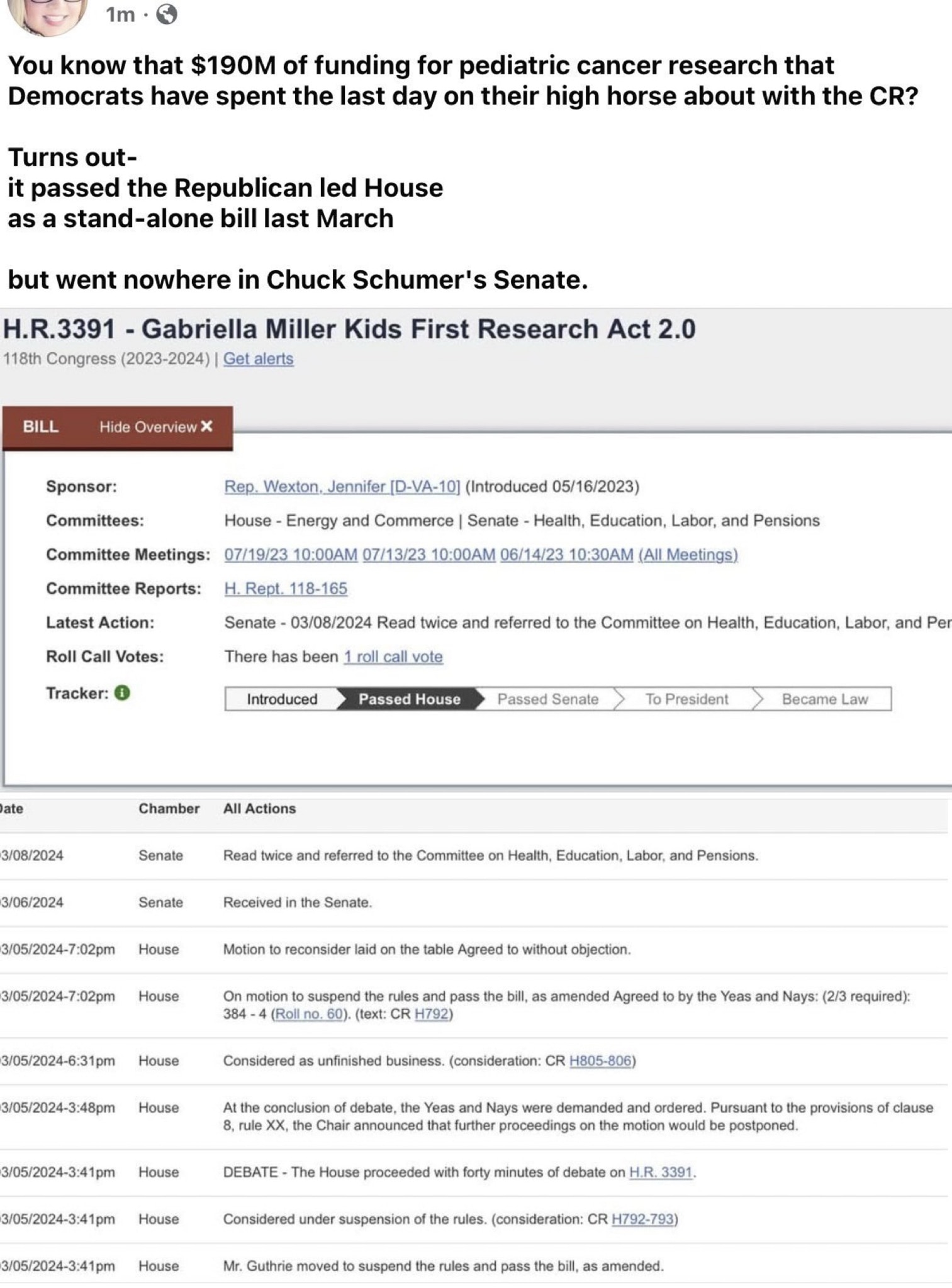 Toby15 on GETTR : Just Saying!🤔😎The cancer funding bill, HR 3391, was passed in the House as a standalone issue. However, it has been stuck in the Senate...