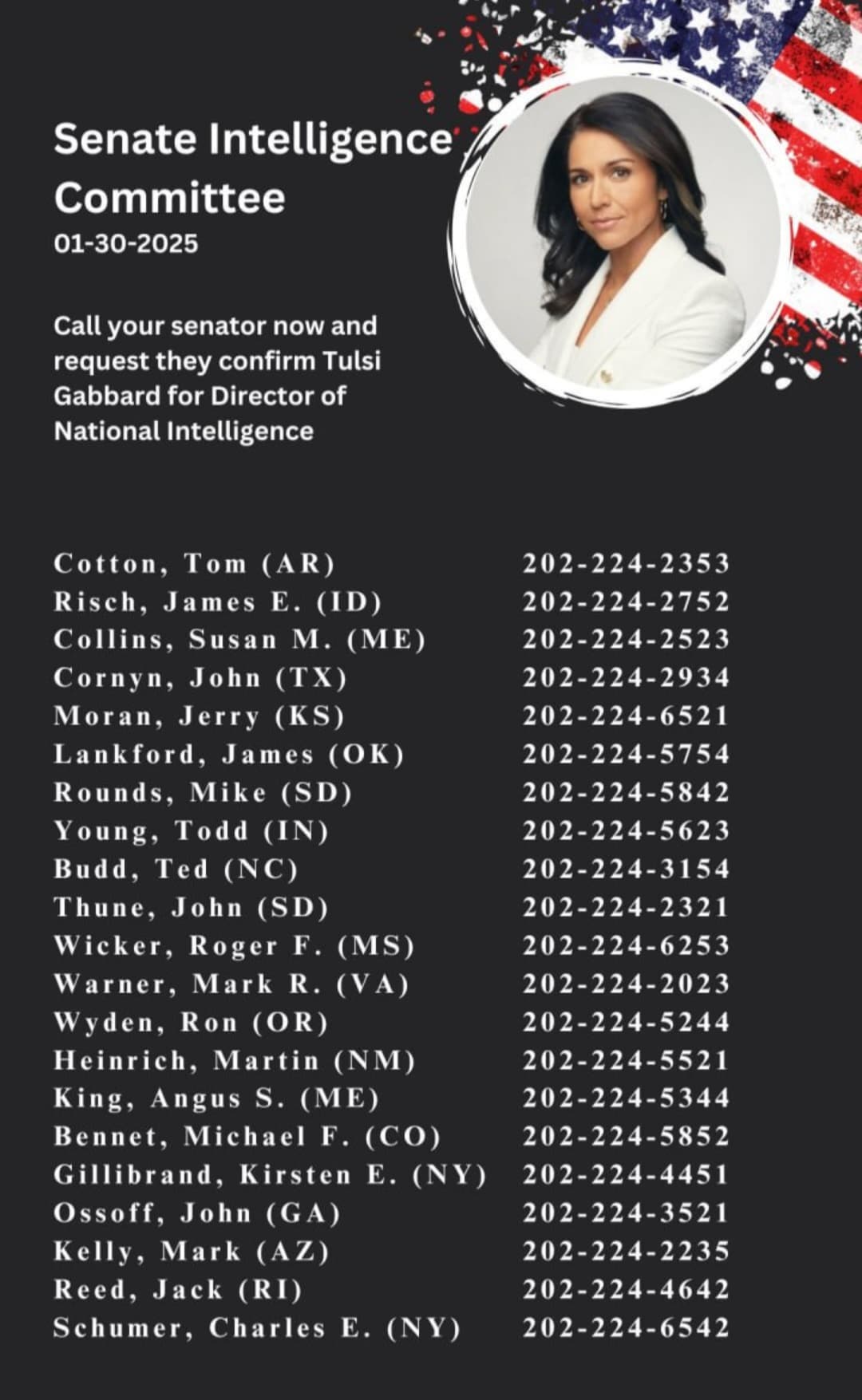 Call your Senators to confirm Tulsi Gabbard
#ConfirmThemAll #MAHA #TRUMP #TulsiGabbard @TulsiGabbard...