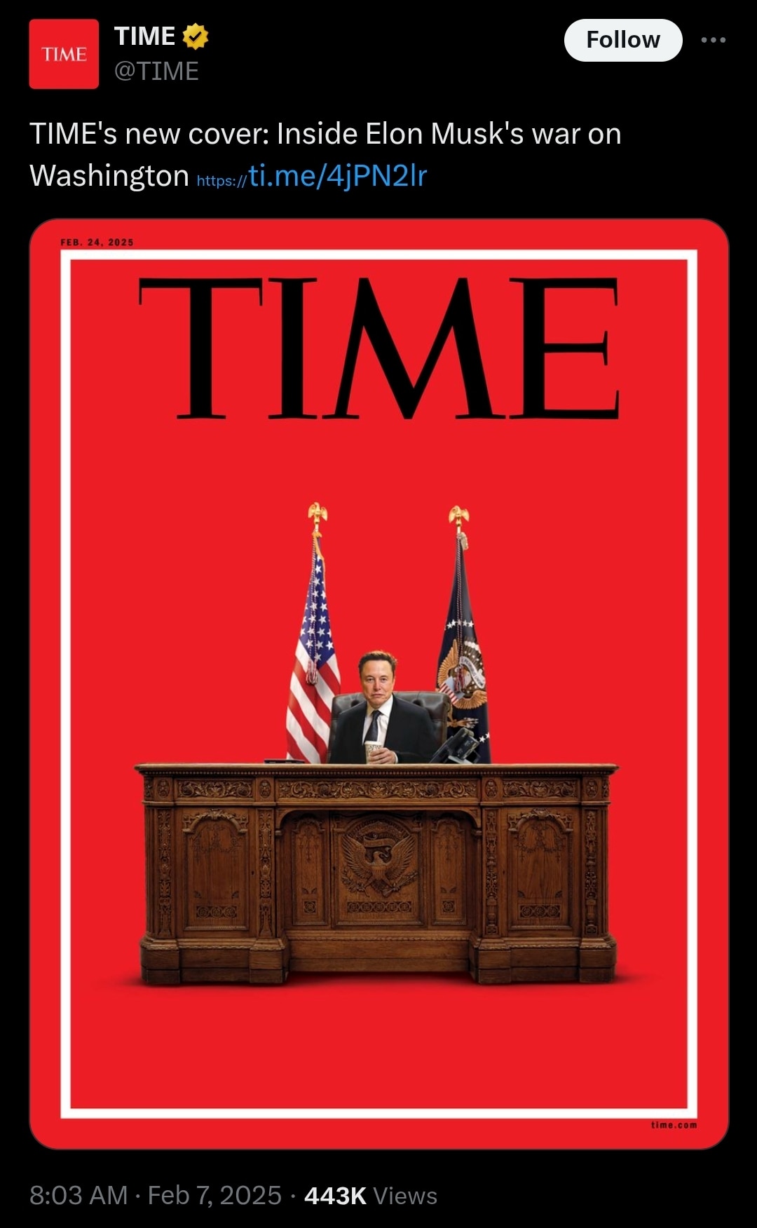 WiseEnough on GETTR : TIME's new cover: Inside Elon Musk's war on Washington @elonmusk 
WINNING!