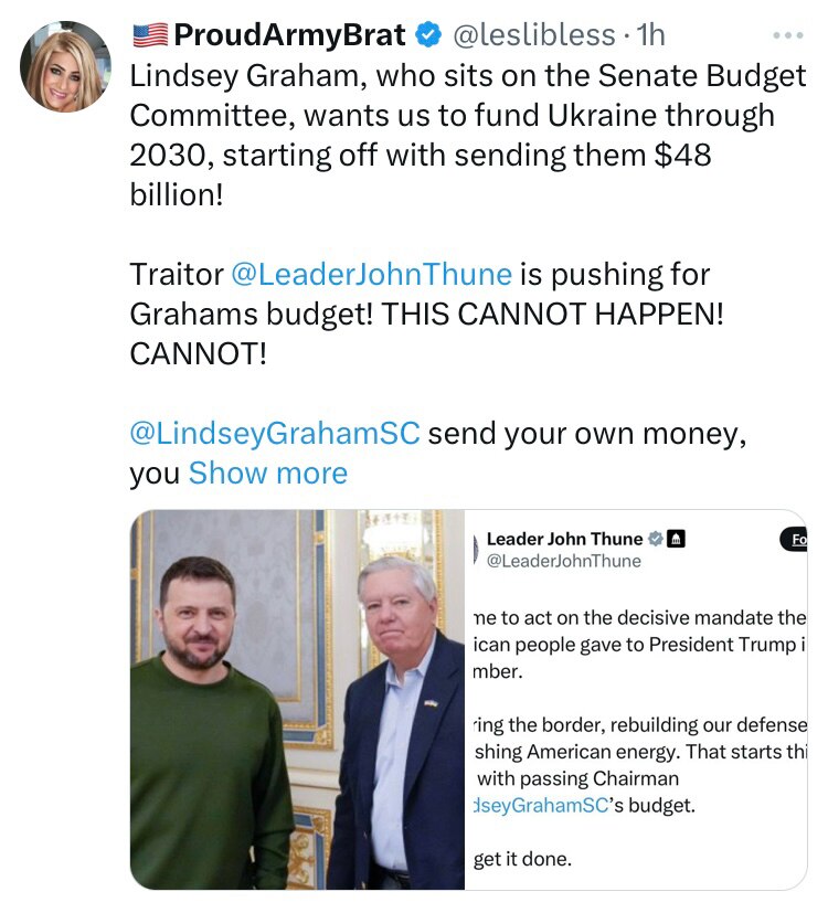 THUNE IS A RINO AND IT’S ALREADY SHOWING! THUNE BEEN DELAYING THE KASH PATEL CONFIRMATION VOTE !
Now Scheduled For Thursday Afternoon!
And This CR Coming Up Shortly Includes This 48 Billion To Ukraine And All Of Bidens Budget! Nothing DOGE Is Doing Now Will Be In This BS CR Bill
