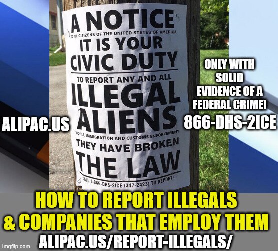 How to Report Illegals & Their Employers: Only with solid evidence of a federal crime to.. 866-DHS-2...