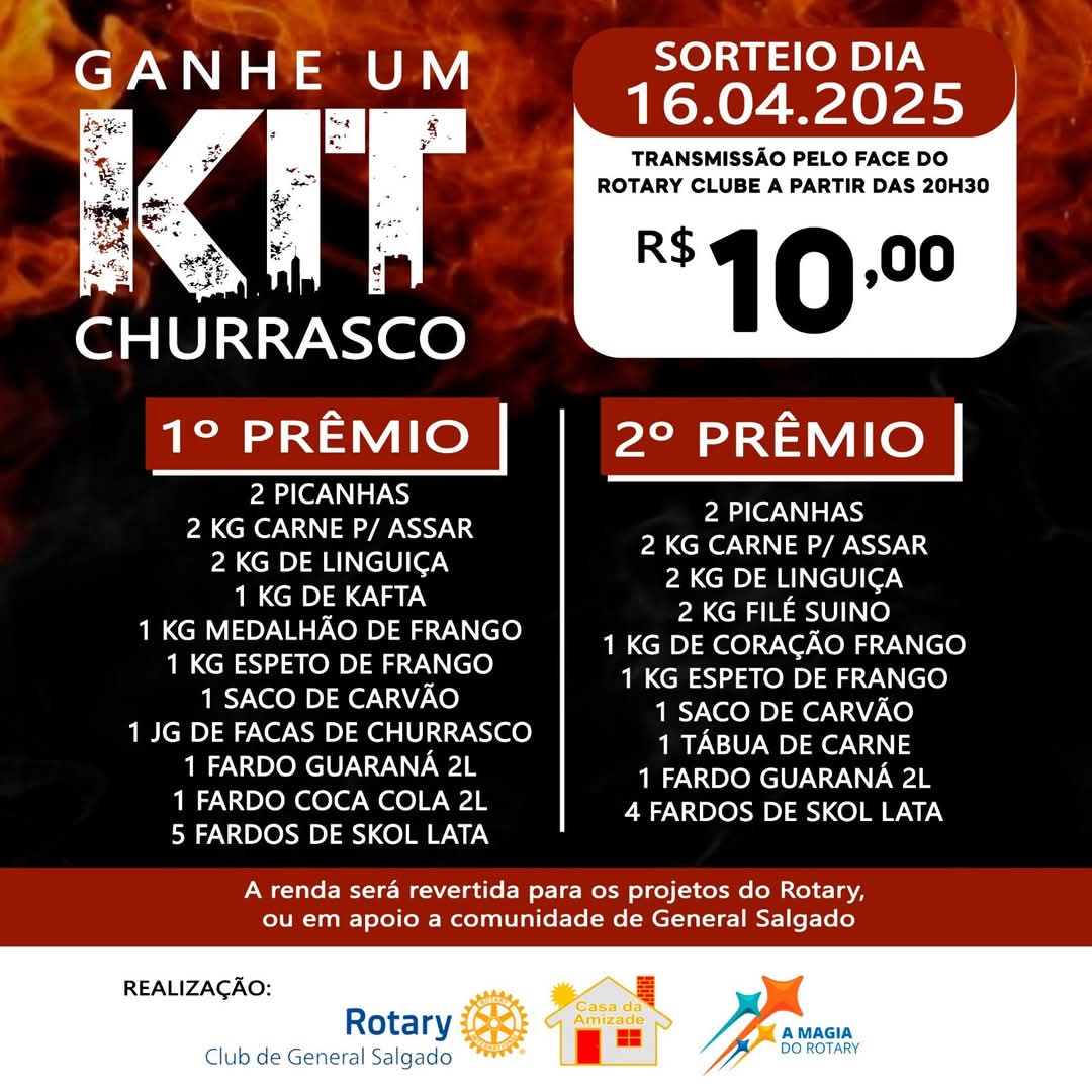 O Rotary Club de General Salgado está provendo a 4ª edição do kit churrasco. Este ano serão dois sor...