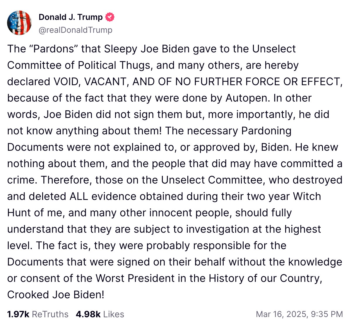 BREAKING：President Trump declares that the pardons issued by President Biden to the "Unselect Commit...