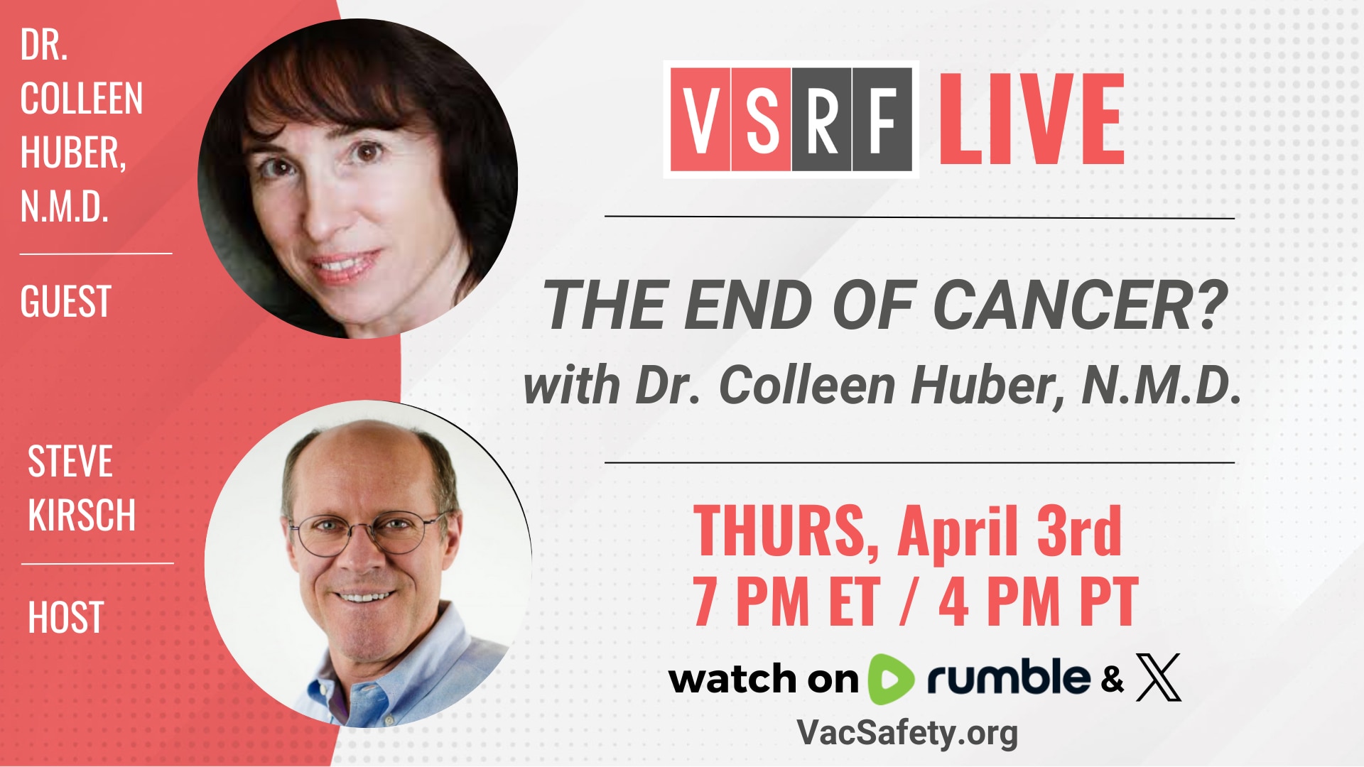 Join us this Thursday on VSRF LIVE as we welcome Dr. Colleen Huber, N.M.D., to discuss a truly game-changing possibility: the potential end of #Cancer within this decade.
Dr. Huber is a naturopathic medical doctor renowned for her extensive research and clinical work in alternative cancer therapies. She is the founder of the Nature Works Best Cancer Clinic and has dedicated her career to exploring non-toxic, integrative approaches to cancer treatment. She is also the author of several books and peer-reviewed studies that challenge conventional cancer treatment paradigms.
In this episode, Dr. Huber will discuss:
✅The latest advancements in cancer treatment and prevention.
✅The role of metabolism in cancer growth—and how to target it effectively.
✅Cutting-edge research that suggests cancer could become a thing of the past within the next decade.
✅The importance of patient empowerment and holistic approaches to healing.
With cancer on the rise and affecting millions worldwide, this conversation is a must-watch for anyone seeking hope, solutions, and new perspectives on the future of medicine.
See you there!
Thursday 7 pm EST | 4pm PST!
https://rumble.com/c/VaccineSafetyResearchFoundation