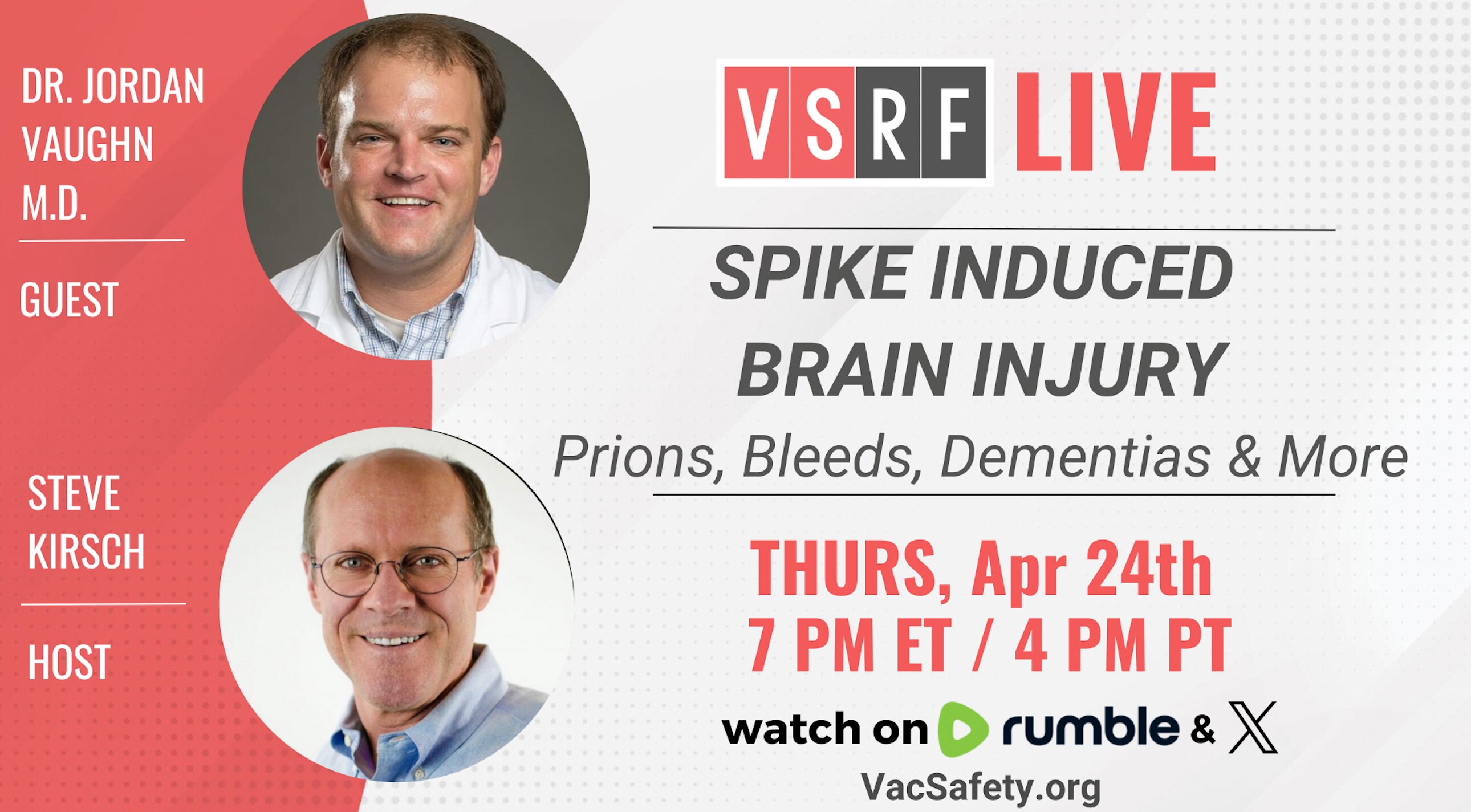 🚨🧠Join us this Thursday on VSRF LIVE for a groundbreaking discussion with Dr. Jordan Vaughn, M.D., a respected vascular expert and leading voice in the emerging field of post-spike protein neurological injury. With extensive clinical experience and a passion for uncovering truth in medicine, Dr. Vaughn brings critical insight into how the spike protein may be affecting the brain—and what can be done about it.
Dr. Vaughn will dive deep into the alarming rise in neurological conditions post-COVID and post-vaccine, including prion-like diseases, brain bleeds, neuro-inflammation, and rapidly progressing dementias. He will explain the mechanisms by which spike protein crosses the blood-brain barrier and accumulates in brain tissue, leading to long-term consequences.
But there is hope. Dr. Vaughn will also highlight promising treatment protocols and detox strategies currently being explored to protect and potentially heal the brain from spike protein damage.
Don’t miss this important conversation that could impact the health of millions.
Tune in live Thursday at 7pm ET / 4pm PT and bring your questions!
See you there!
https://rumble.com/c/VaccineSafetyResearchFoundation
#prions
#dementia
#cfj
#spikeprotein