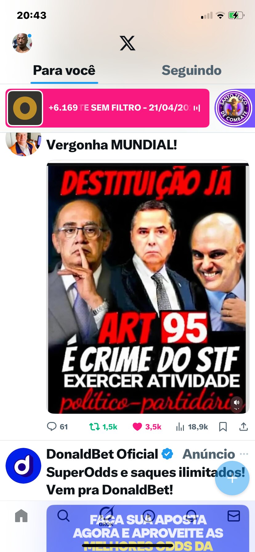 Artigo 95 já!!!! O q estão esperando??  @camaradeputados @SenadoFederal , #JornalNacional , ele amea...