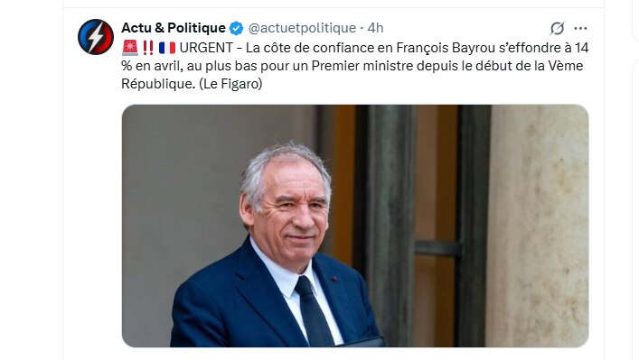  La côte de confiance en François Bayrou s’effondre à 14 % en avril, au plus bas pour un Premier min...