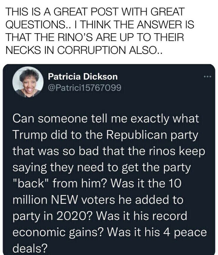 They are wings of the same corrupt bird. There is ZERO difference between RINOS and RATS.  It’s time...