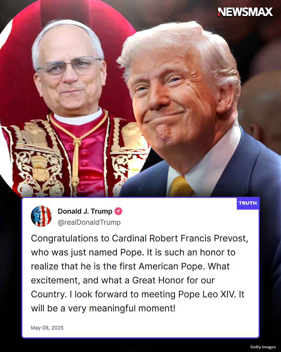 FIRST AMERICAN POPE: President Trump congratulates Cardinal Prevost, now Pope Leo XIV, after the Chi...
