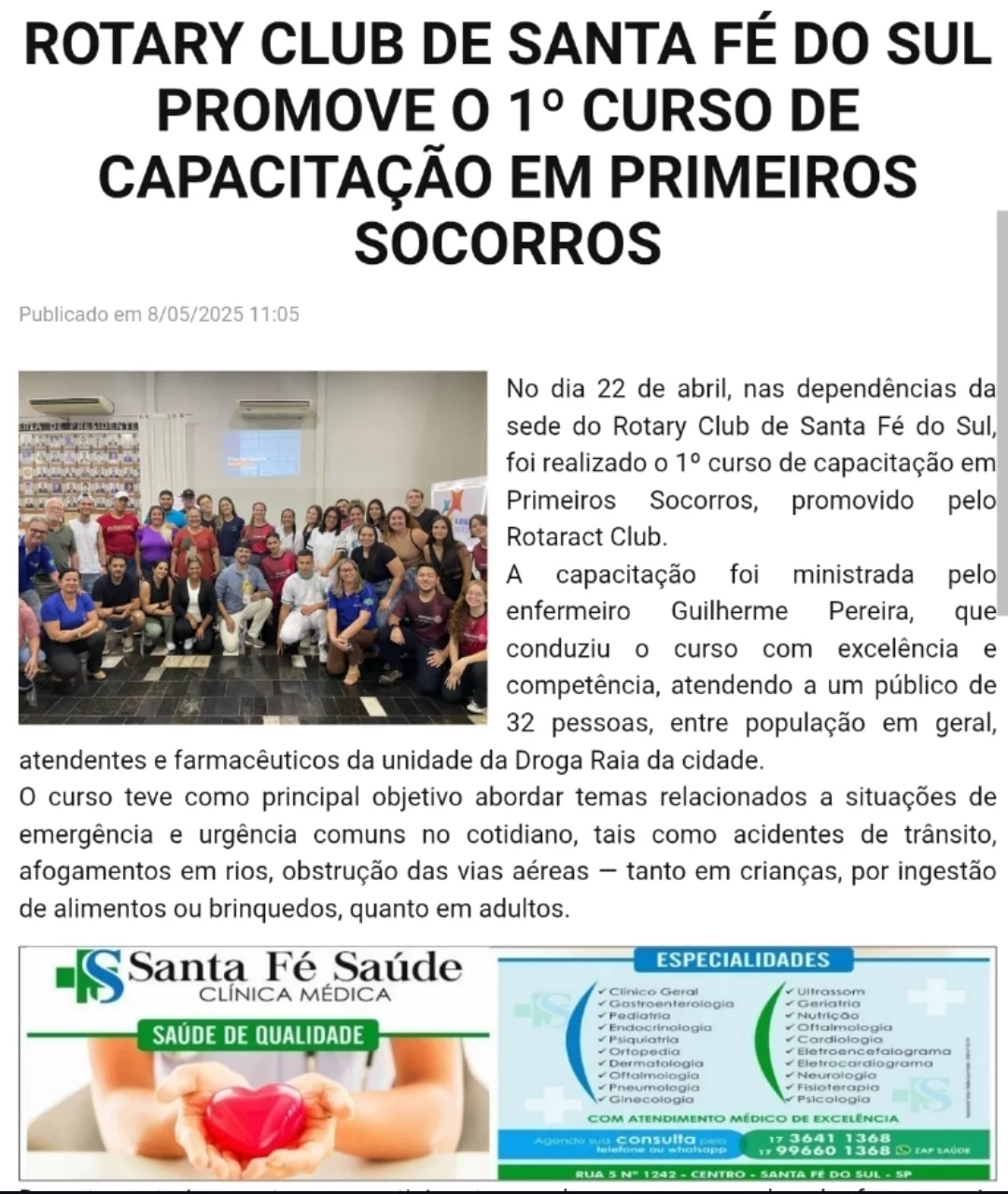 Rotary Club de Santa Fé do Sul promove curso de primeiros socorros e recebe destaque na mídia region...