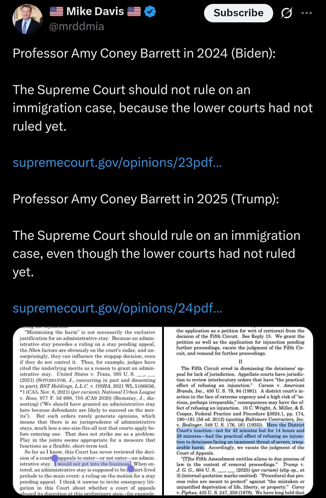 Funny time to decide to change your own precedent. In an honorable world, the 2 justices with foreig...