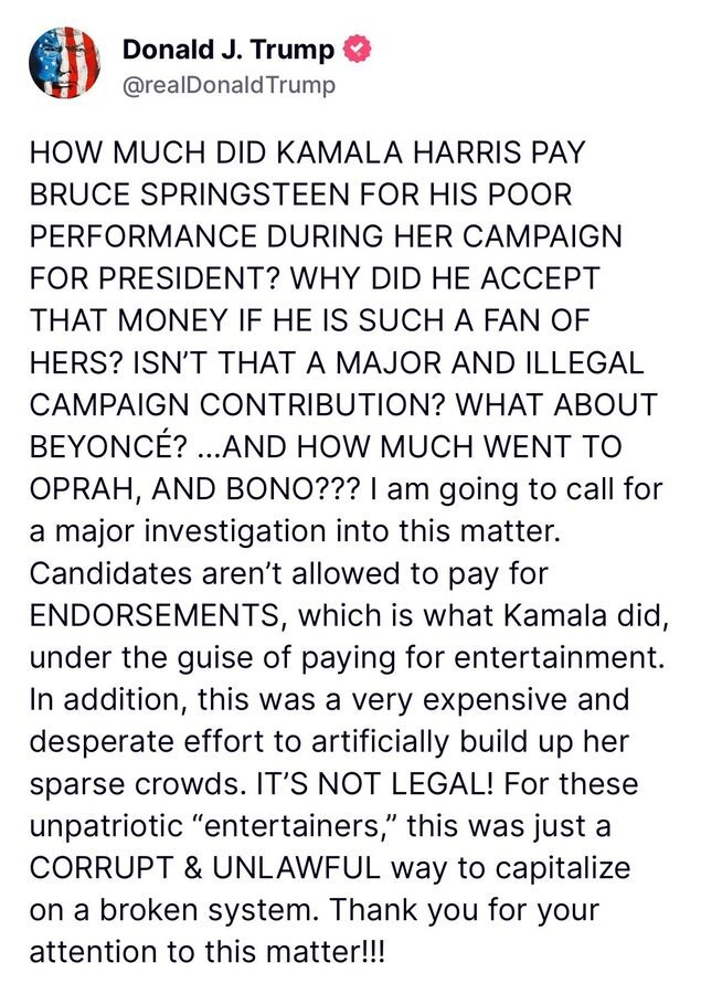 President Trump calls for "major investigation" into Harris campaign over celeb endorsements
