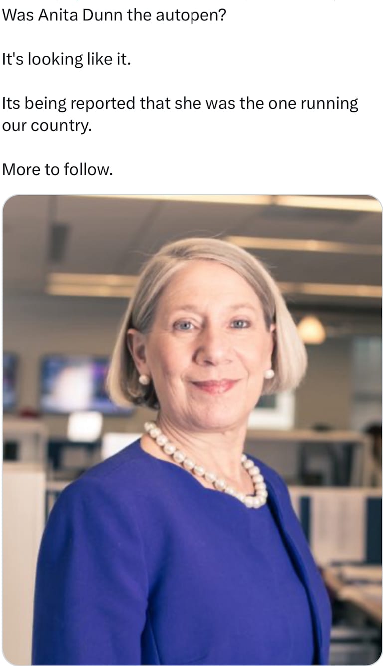 The three prime gate-keepers and autopen users named by the whistle blower are Ron Klain, Anita Dunn and her husband, Bob Bauer. These scum stole 2020, ins