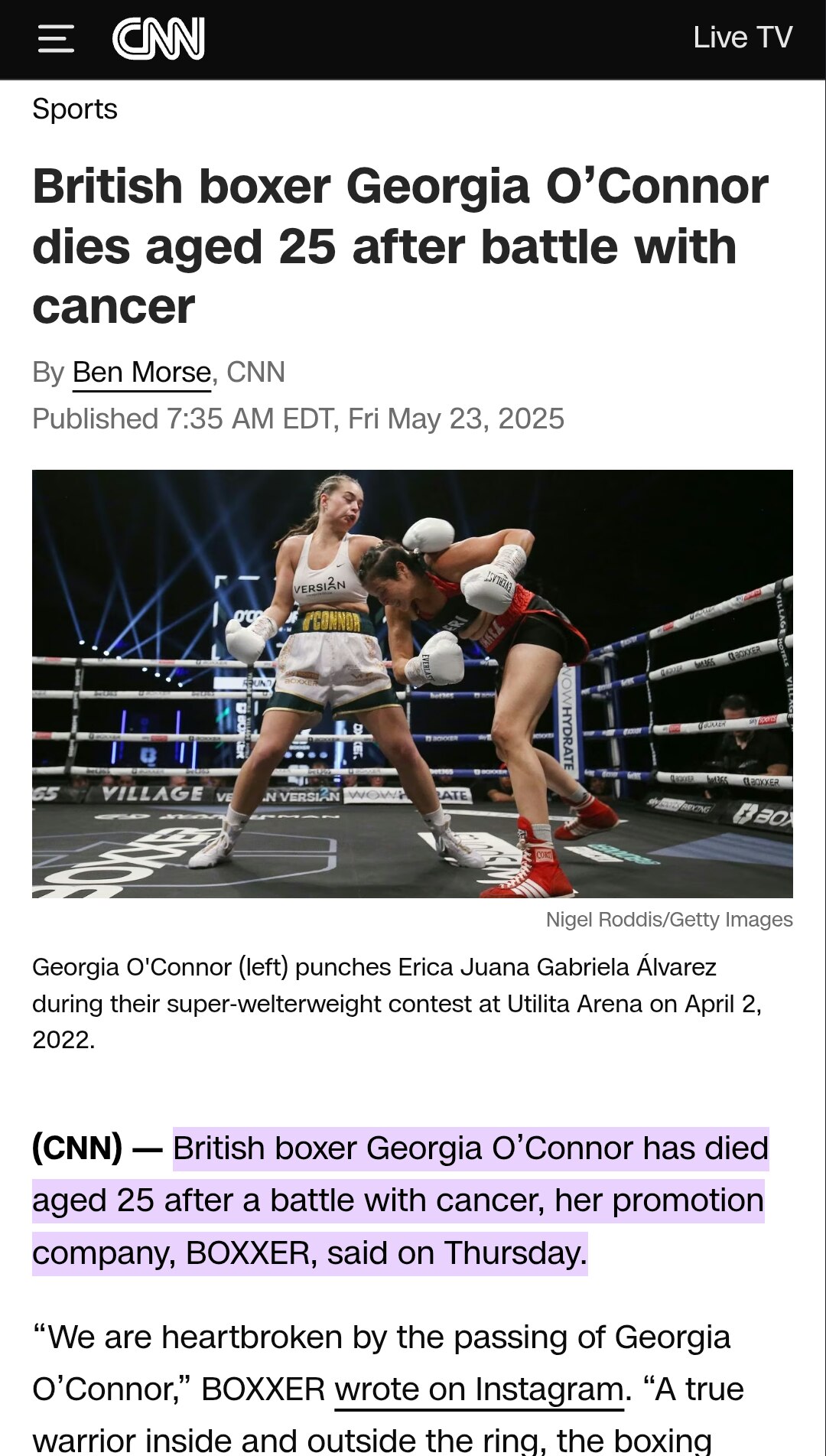 British boxer Georgia O’Connor dies aged 25 after battle with cancer
https://www.cnn.com/2025/05/23/...
