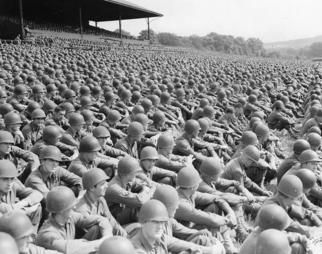 This photo, taken in May 1944, in Cambridge, England, shows thousands of American soldiers attending...