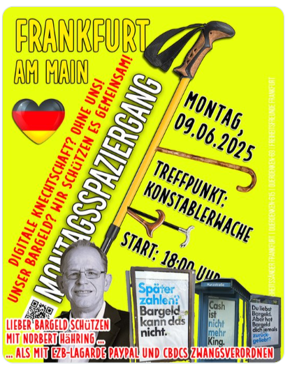 Pfingstmontags-Spaziergang für das Bargeld in Frankfurt

Für Montag, 9. Juni, ruft Klartext Rhein-Ma...