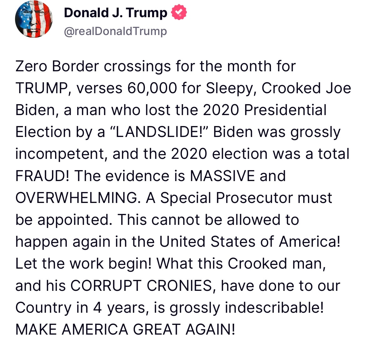 川普将任命特别检察官调查2020年拜登窃取大选一案！

老头说干就干！要任命特别检察官调查2020年拜登偷窃大选一案！而且强调不能让这样的事在美国再次发生，要调查拜登这个骗子和他的亲信这四年干的坏事！...