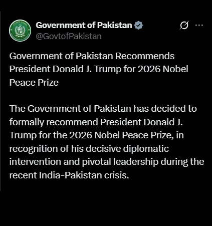 巴基斯坦政府提名川普为2026年诺贝尔和平奖候选人，理由是他调停印巴冲突。川总对是否获奖倒是无所谓，但是巴基斯坦做这个提名，也就是中共的巴铁不铁了！川普邀请巴基斯坦实权人物陆军参谋长专门来白宫，一顿午...