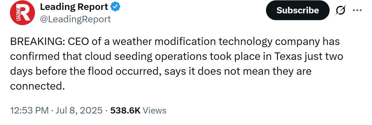 7月8日25，💥一家天气改造技术公司的首席执行官证实，在洪水发生前两天，德克萨斯州确实进行了人工增雨（云播种）作业，但他表示，这并不意味着两者之间存在关联

